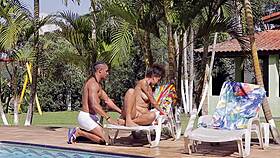 Latina Giovana Bombom sucks big black cock and gets licked by the pool