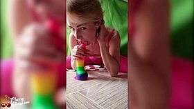 Woman enjoys homemade toy play with dildo and plug