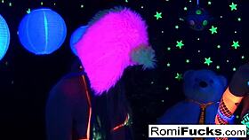 romi rain and dani enjoy lesbian oral fun under black lights