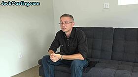 Handsome solo stud jerks hard cock on casting for first porn shoot