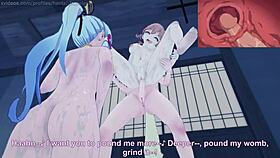 Yoimiya gives blowjob and cowgirl to Ayaka and Sayu