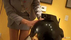 Business guy watches asian and blonde lesbians fucking in virtual reality