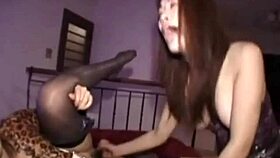 Hot Asian babes engage in threesome fucking with hairy pussies bent over