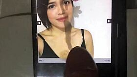 Brunette teen receives cum tribute on big tits