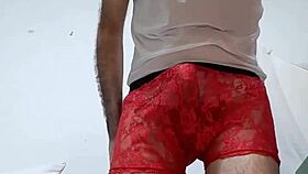 the guy with the huge dick in see-through underwear finally lets it out and cums hard