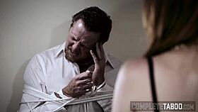 busty redhead milf dominates in extreme fetish femdom and cuckold play with teens in stockings