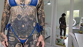Melody radford tries on metallic dark blue micro bikini at home
