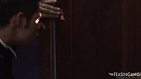 Gorgeous milf in stockings bends over for a suggestive blowjob in the bedroom