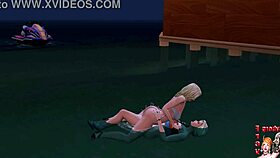 On the beach, a blonde shemale passionately engages in anal sex with a sexy girl.