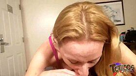 Skinny blonde white chick with big tits sucks black cock with amazing skills