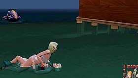On the beach, a blonde shemale passionately engages in anal sex with a sexy girl.