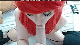 Gorgeous red-haired teen 18+ sucks mounted dildo in POV webcam session
