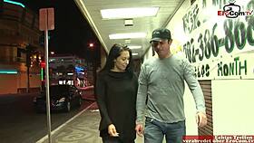 The brunette slut with natural tits in fishnet stockings gets a cumshot