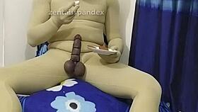 zentai slave bound in ropes getting cbt on penis and eating food fetish