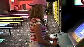 Blonde teen april masturbates intensely in public arcade