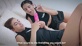 brunette girl fucks her lesbian friend pretending to be a man with toys