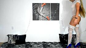 Trying on sensual stockings in a reality setting with amateurs