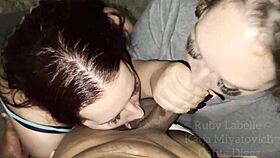 Shared Wife Threesome Double Blowjob with Condom