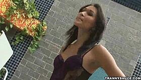 brazilian shemale babe tugging her hard cock solo