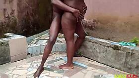 outdoor doggy style session with ebony babe bent over taking monster cock in her big ass until cum