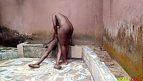 outdoor doggy style session with ebony babe bent over taking monster cock in her big ass until cum