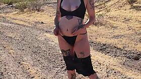 lady lazerus gives a hardcore blowjob in the desert, bent over doggystyle