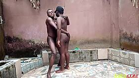 outdoor doggy style session with ebony babe bent over taking monster cock in her big ass until cum