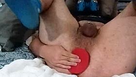 Chastity caged pup plays hard with her bad dragon toy