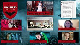 i'm roleplaying as a monster at university with cassie cummings and others on the desk