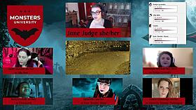 i'm roleplaying as a monster at university with cassie cummings and others on the desk