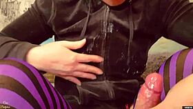 jerking his cock with wet stockings till he cums, so kinky!