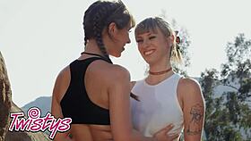 tommy king spills water on her big tits and lures angel young for outdoor lesbian fun 😏