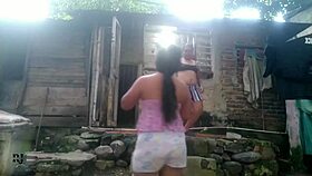 stepsister's big ass turns me on so much i start masturbating her in our humble patio 😏