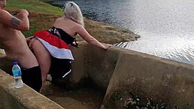 blonde slut gives intense blowjob in public lagoon pov
