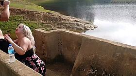 blonde slut gives intense blowjob in public lagoon pov