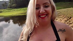 blonde slut gives intense blowjob in public lagoon pov