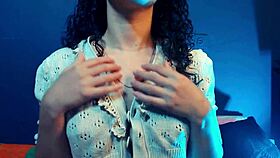 big natural tits girl plays with her nipples in bedroom