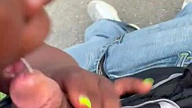 bbw enjoys outdoor head in the park with a fat guy