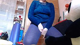 Italian milf Nicoletta masturbates with vibrator and cums on stuffed toy, filling it with pee and squirting