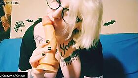 i suck on a dildo while getting horny with my curvy tits bouncing.