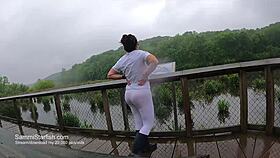 Soaking Wet White Leggings on a Sexy Milf Flashing in Public Outdoors