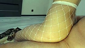 Skinny slut in fishnet pantyhose sucks eagerly and rides hard on thick cock