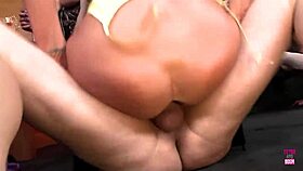 Four wet pussies get pounded by a huge white dick in various positions.