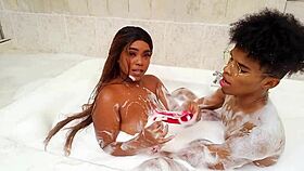 Ebony Brunette Licks Cumshot In Foam Bath!