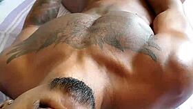 Black guy jerks off his cock in a casual blowjob scene