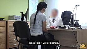 Shaved blonde teen dances sexily for cash in office interview