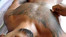 Black guy jerks off his cock in a casual blowjob scene