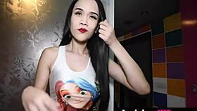 beautiful asian ladyboy wawa in cute anime shirt gives rough pov blowjob with bareback action 😍