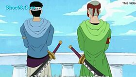 Nami takes on two boys in this hentai scene