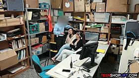 Teen caught shoplifting, stepmom called for group blowjob.